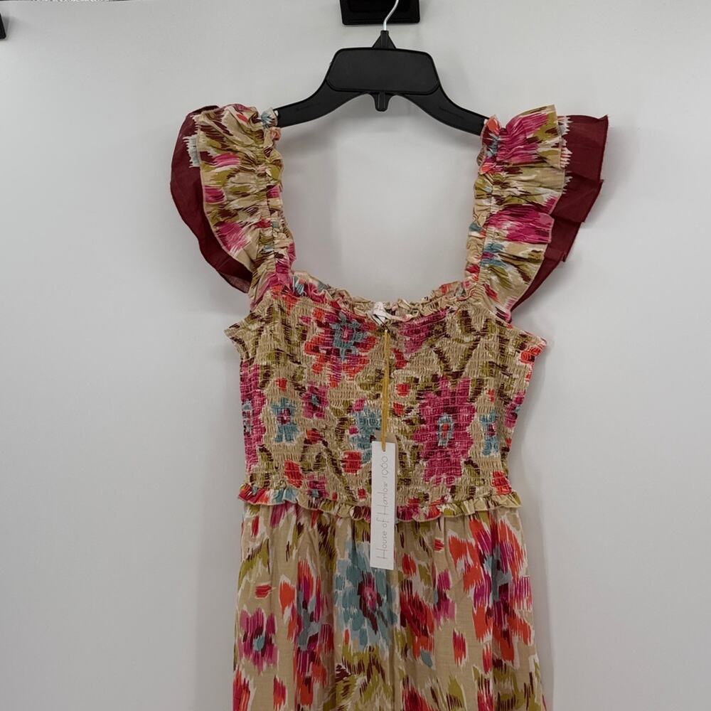 House of Harlow 1960 Zoey Khaki Floral Print Smocked Maxi Dress - Tan/Pink - S - Picture 2 of 9